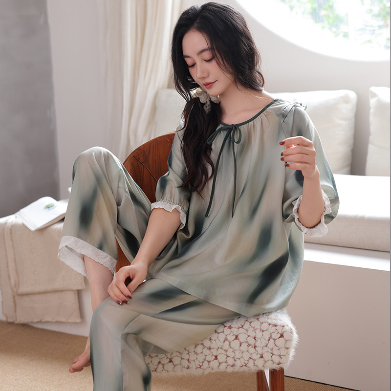 高档莱赛尔棉睡衣女春夏新款七分袖九分裤套装天丝薄款宽松家居服