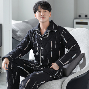 冬季三层加厚保暖里外纯棉夹棉男士睡衣针织夹棉袄家居服冬天套装