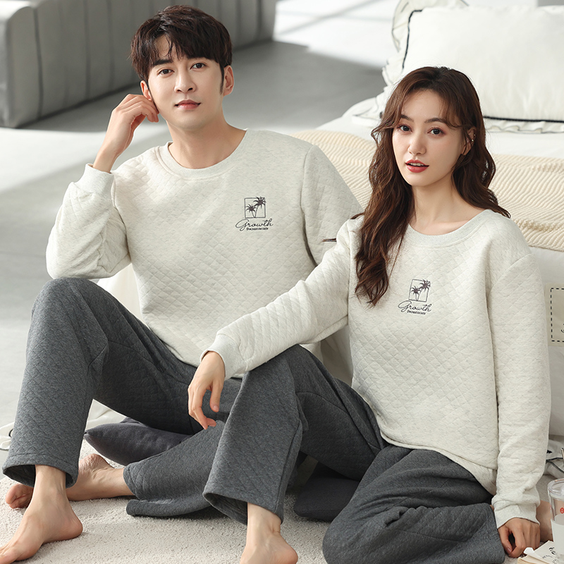 秋冬季加厚夹层套头纯棉情侣睡衣