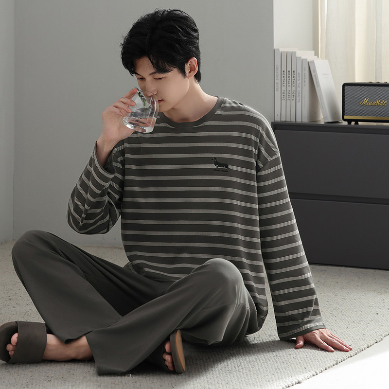 100%纯棉男士条纹睡衣套装长袖长裤休闲运动可外穿全棉套头家居服