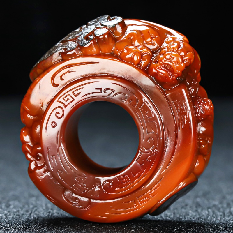 天然凉山南红玛瑙戒指指环柿子红扳指原石貔貅龙凤雕刻男女款15号