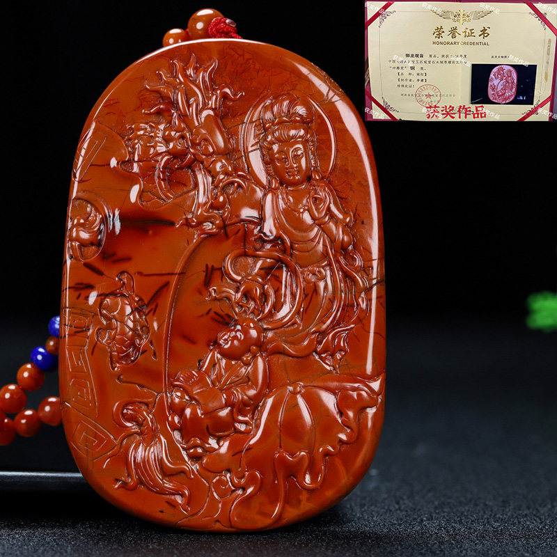 天然南红玛瑙大师雕刻原石挂件御龙观音吊坠获奖作品男女款489