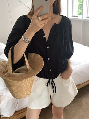 韩国东大门代购ounce2026春季新款气质简约纯色圆领泡泡袖衬衫