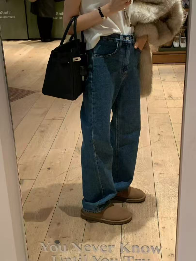 韩国东大门代购Ounce 2025冬新款纯色简约百搭高腰显瘦直筒牛仔裤