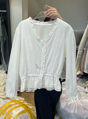 RIVEROOM韩国东大门2026春季 时尚百搭荷叶边V领泡泡袖衬衫