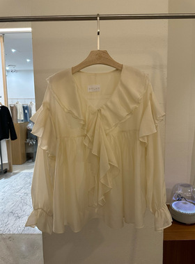 BPLAN甜美可爱风衬衫女荷叶边设计v领小众休闲