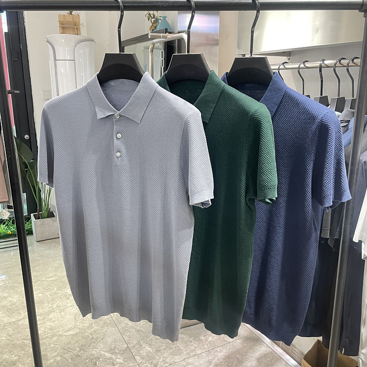 男士 桑蚕丝+苎麻+长绒棉纯色时尚菠萝纹吸汗短袖POLOT恤001