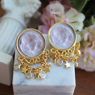 kirks folly天使浮雕头像流苏浪漫宝法式复古着董女耳钉环vintage