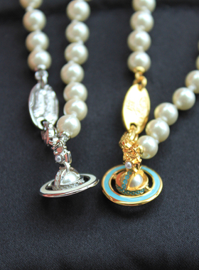 珐琅珍珠立体土星复古小众欧美时髦项链尚金属银黄铜朋克绿少女可