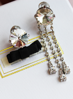 大小黑色蝴蝶结闪钻流苏不对称吊坠耳夹环复古甜美首饰品绸缎少女