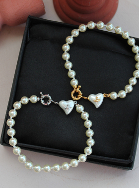 珍珠爱心土星金银两色复古小众欧美时髦尚金属银黄铜手链女可爱扣