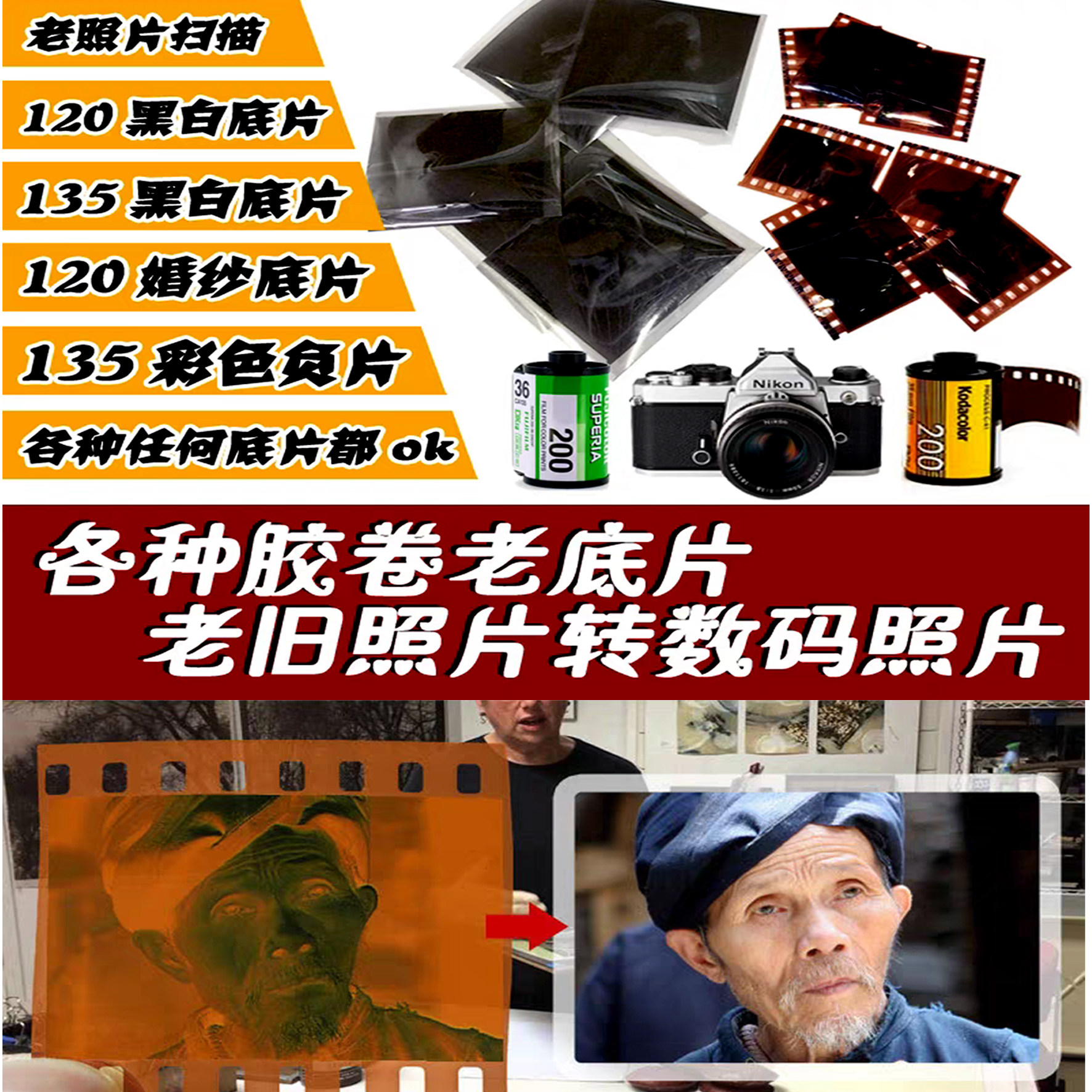 老胶卷扫描冲洗135/120/黑白C41老底片照片书扫描转电子版照片