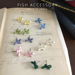 韩国东大门夏日糖果色耳钉滴釉立体蝴蝶结甜美气质女耳环通勤耳饰