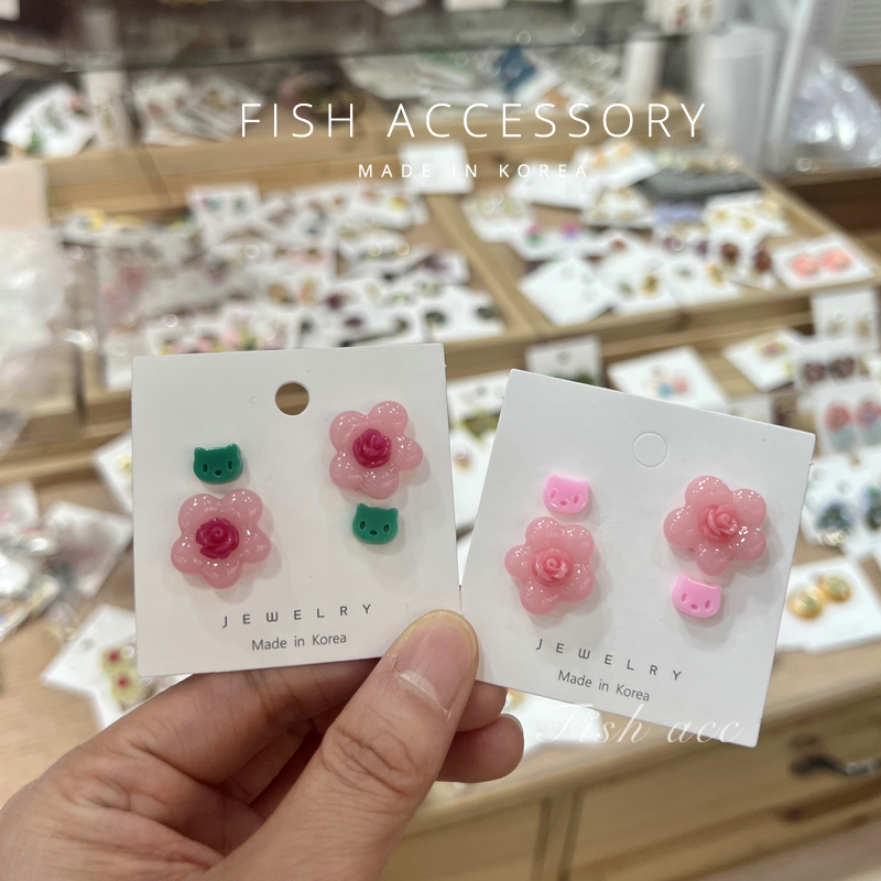 韩国东大门进口糖果色可爱粉色花朵玫瑰俏皮小猫咪四件套耳钉耳环