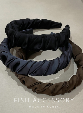 韩国进口高级感缎面气质发箍黑墨蓝色棕色百搭褶皱宽边高颅顶头箍