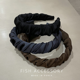 韩国进口高级感缎面气质发箍黑墨蓝色棕色百搭褶皱宽边高颅顶头箍