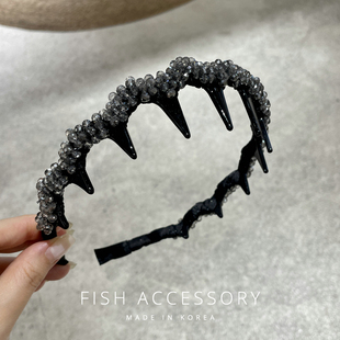 韩国进口精致高级感灰色闪耀串珠轻奢发箍大梳齿正反两用气质头箍