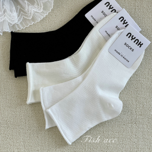 韩国春夏穿搭bi备薄款 卷边透气袜子 软糯舒适奶油色白色纯色百搭款