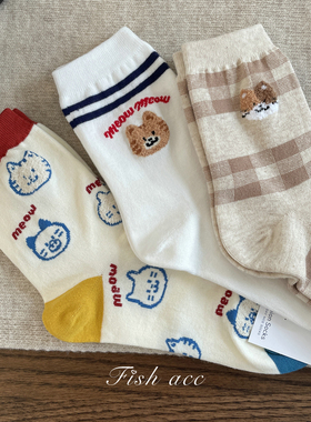 韩国东大门25春新萌宠可爱卡通猫咪日系格纹黄色中筒棉袜子