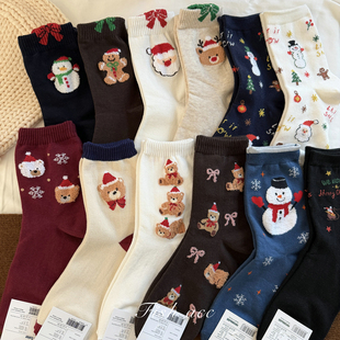 25年圣诞袜子韩国进口棉袜可爱雪人小熊麋鹿节日氛围闺蜜中筒袜子