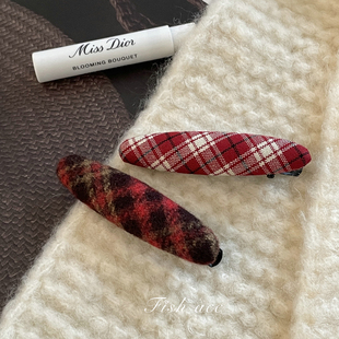 韩国进口秋冬圣诞新年红节日氛围复古格纹两件套发夹边夹刘海夹