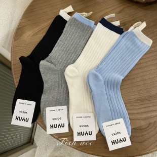 韩国东大门进口简约拼色长袜后跟棉麻小布标中筒袜棉麻运动女袜子
