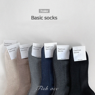 韩国东大门进口经典 纯色简约棉袜中筒袜子 搭配细坑条ins博主同款