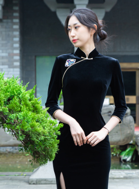 JULEE定制黑色丝绒绣花复古日常礼服改良修身跳舞旗袍