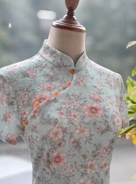 JULEE定制原创【薄荷春序】写意小花丝绒改良中长款旗袍