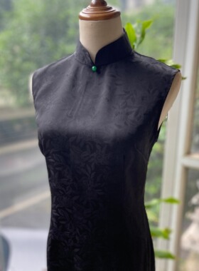 JULEE定制【芍影】黑色天丝芍药提花夏季中长改良旗袍小黑裙