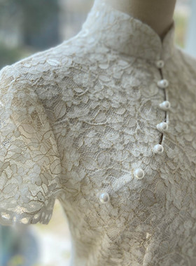 JULEE定制白色蕾丝长款新娘旗袍中式轻婚纱领证登记复古小白裙