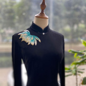 JULEE定制原创黑色丝绒绣花设计感修身 复古旗袍2022秋冬连衣裙