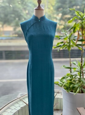 JULEE定制原创【松石蓝】夏季提花复古文艺日常纯色棉绸旗袍裙