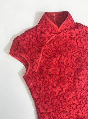 JULEE定制高端龙骨蕾丝面料小A摆修身旗袍红色手工盘扣敬酒服
