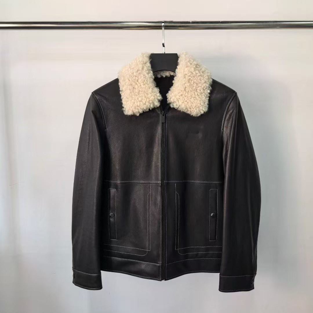 利家py005男士冬季高端黑色绵羊皮羽绒一体保暖时尚皮衣外套