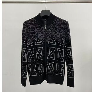 利家my657男士 男立领拉链外套秋冬毛衣夹克 黑白几何提花针织开衫