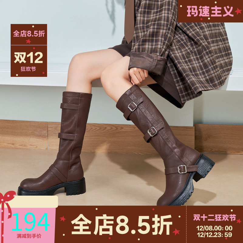 骑士靴棕色靴子高筒长靴粗跟