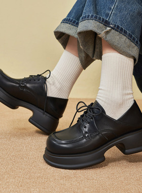 玛速主义2026新款复古黑色单鞋女春圆头系带百搭厚底英伦风小皮鞋