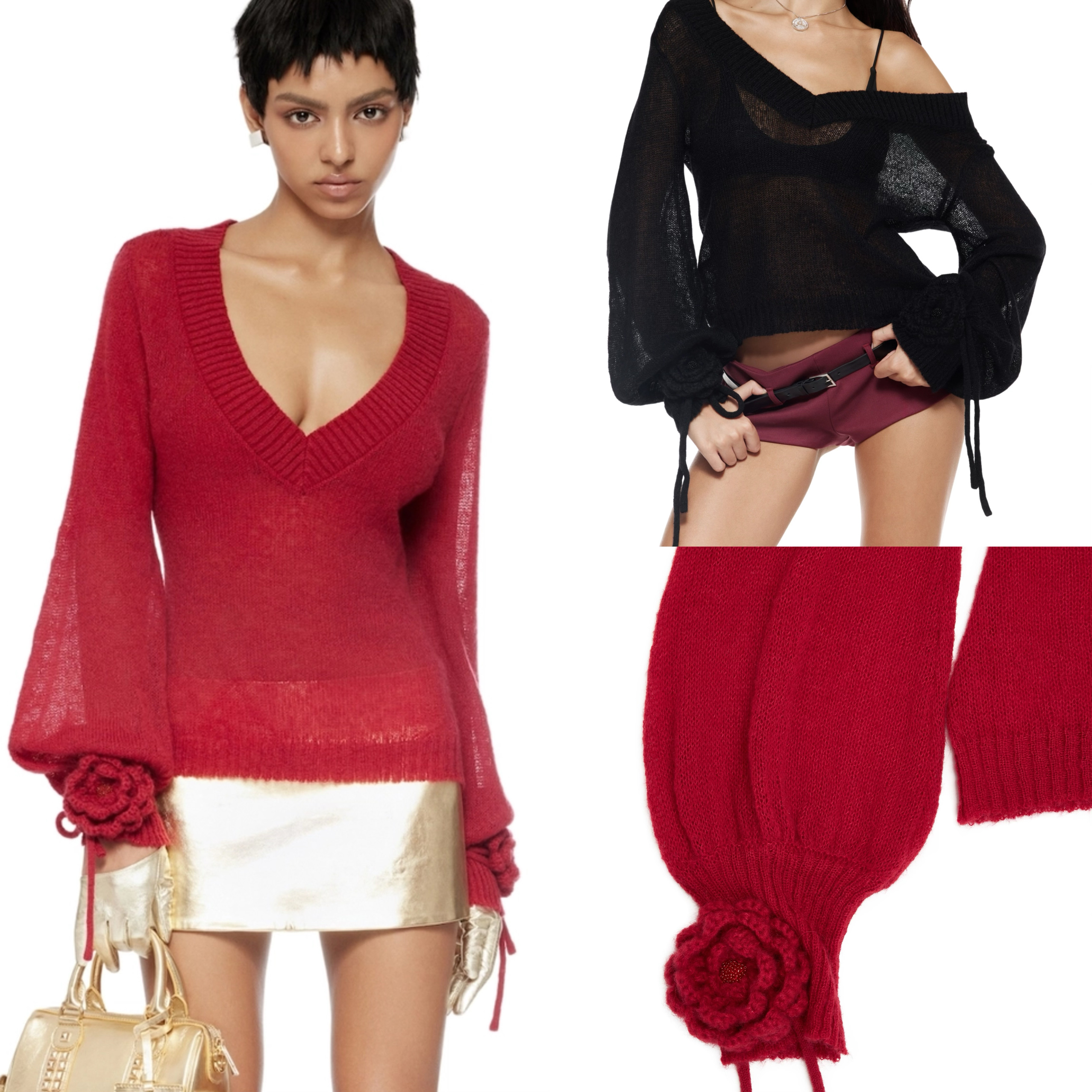 Fanci Club正品红色V领玫瑰花毛衣女宽松慵懒风针织衫上衣辣妹