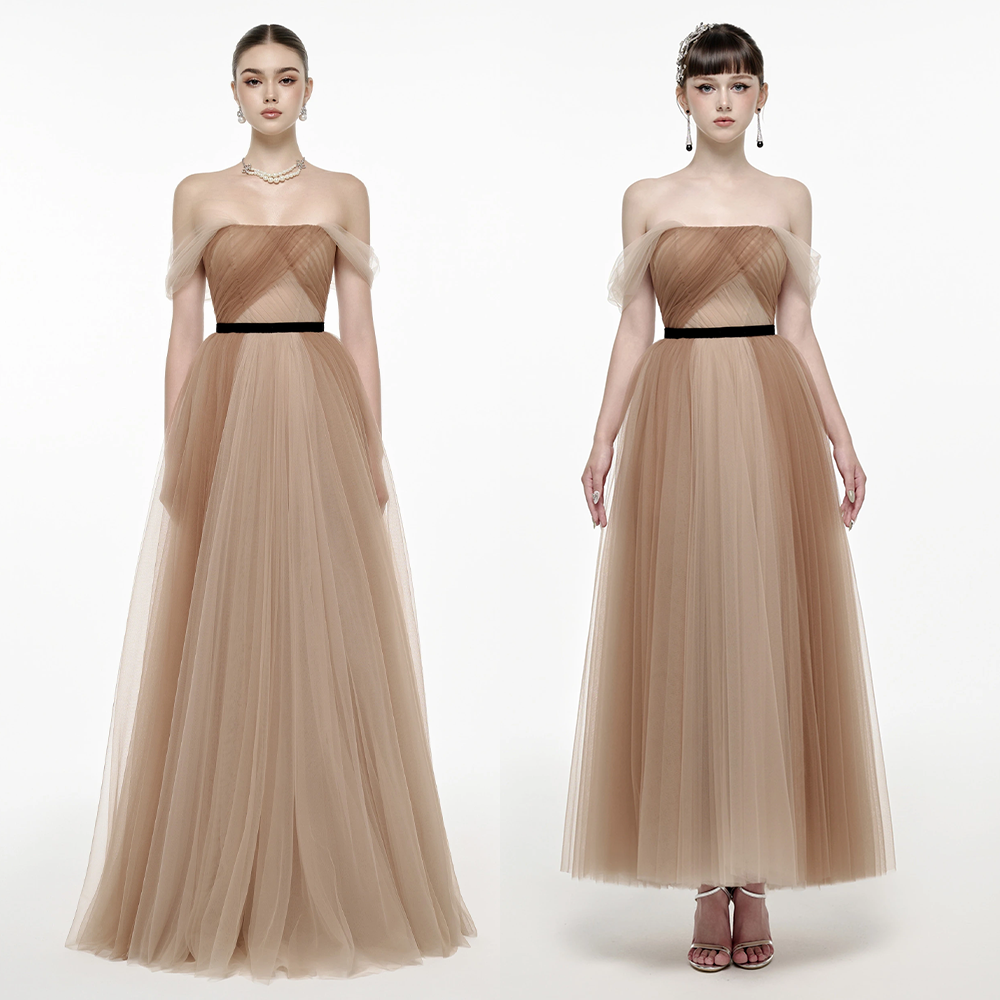 Josephine正品授权女礼服连衣裙棕色网纱落肩大摆裙