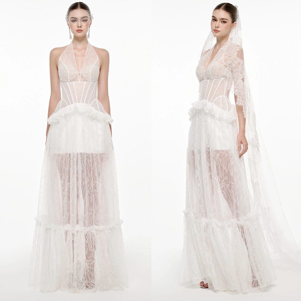 Josephine正品授权女礼服连衣裙白色蕾丝鱼骨网纱挂脖长裙