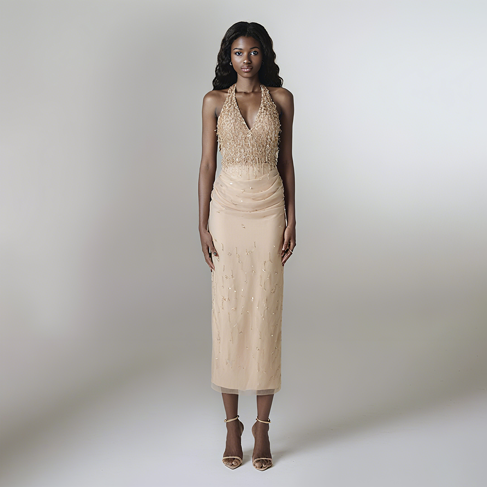 Josephine正品授权女礼服连衣裙串珠V领挂脖包臀裙