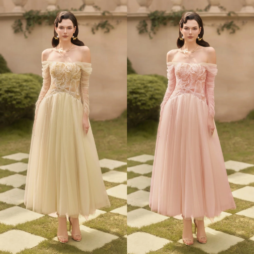 Josephine正品授权女漂亮礼服连衣裙黄粉色一字肩网纱仙女裙