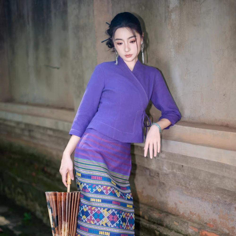 玉家人【曼回索】西双版纳复古传统傣族服饰天丝上衣棉裙套装
