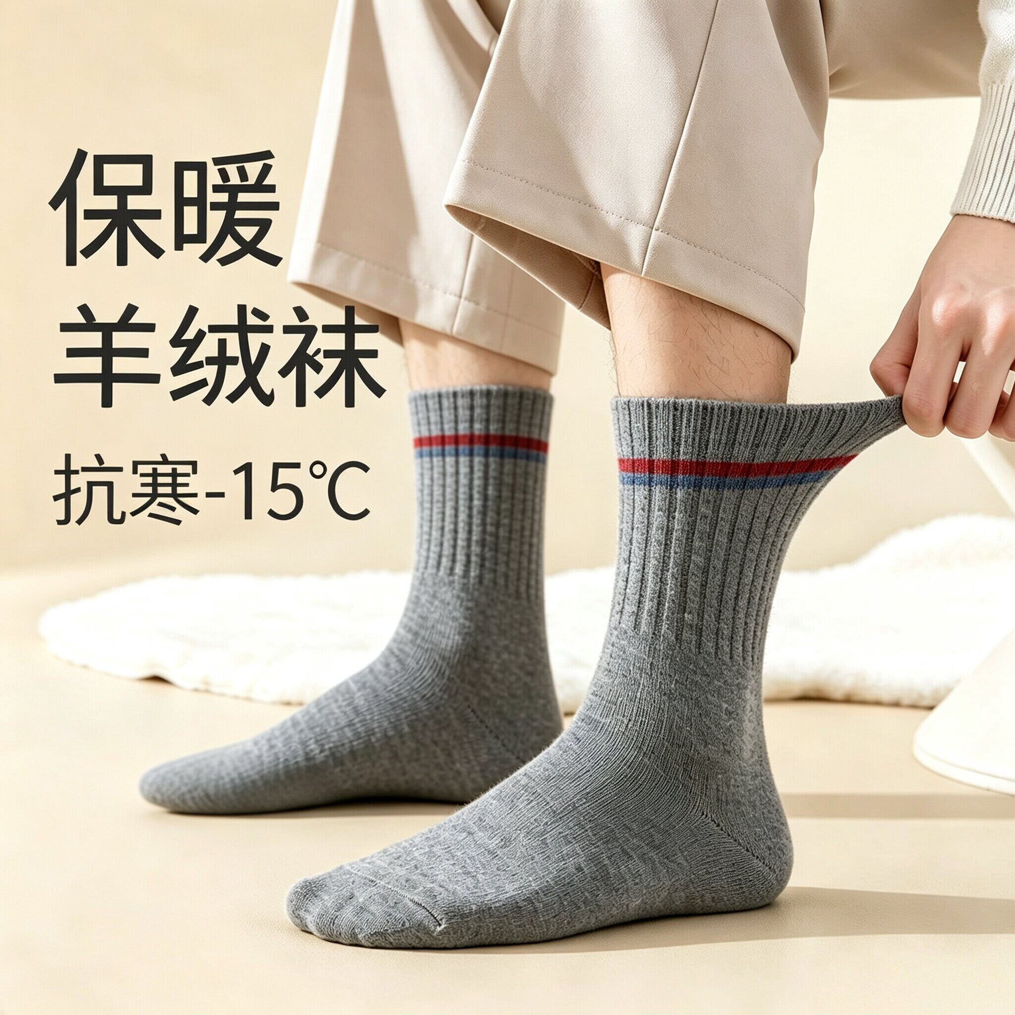 中筒羊绒袜子男秋冬吸汗防臭条纹长筒袜