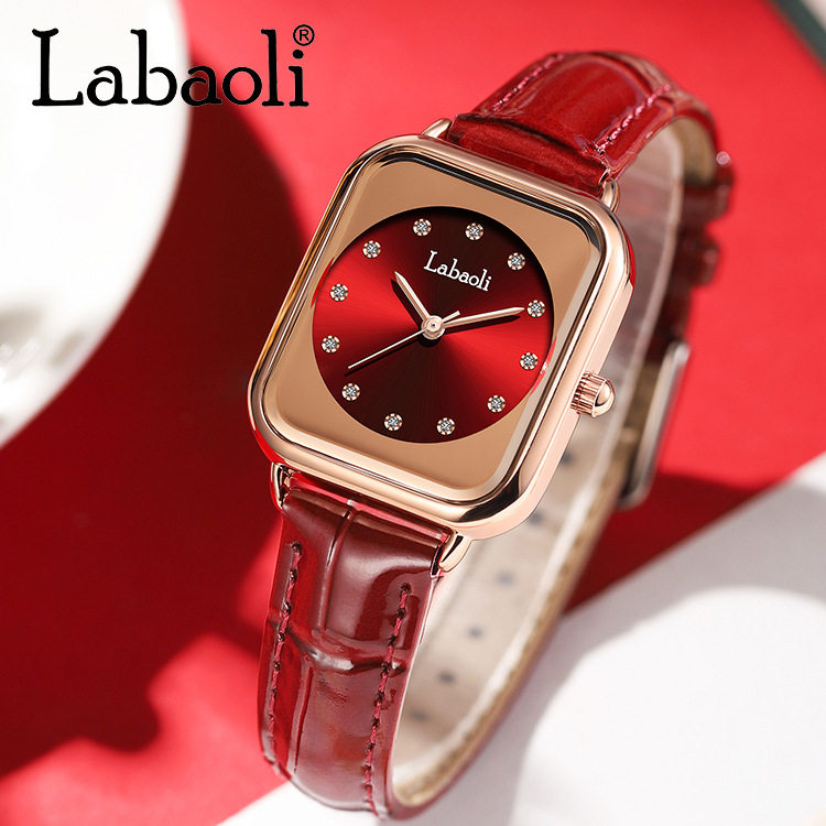 拉宝丽正品红色时尚女士手表女表方形真皮表带石英时装防水潮表