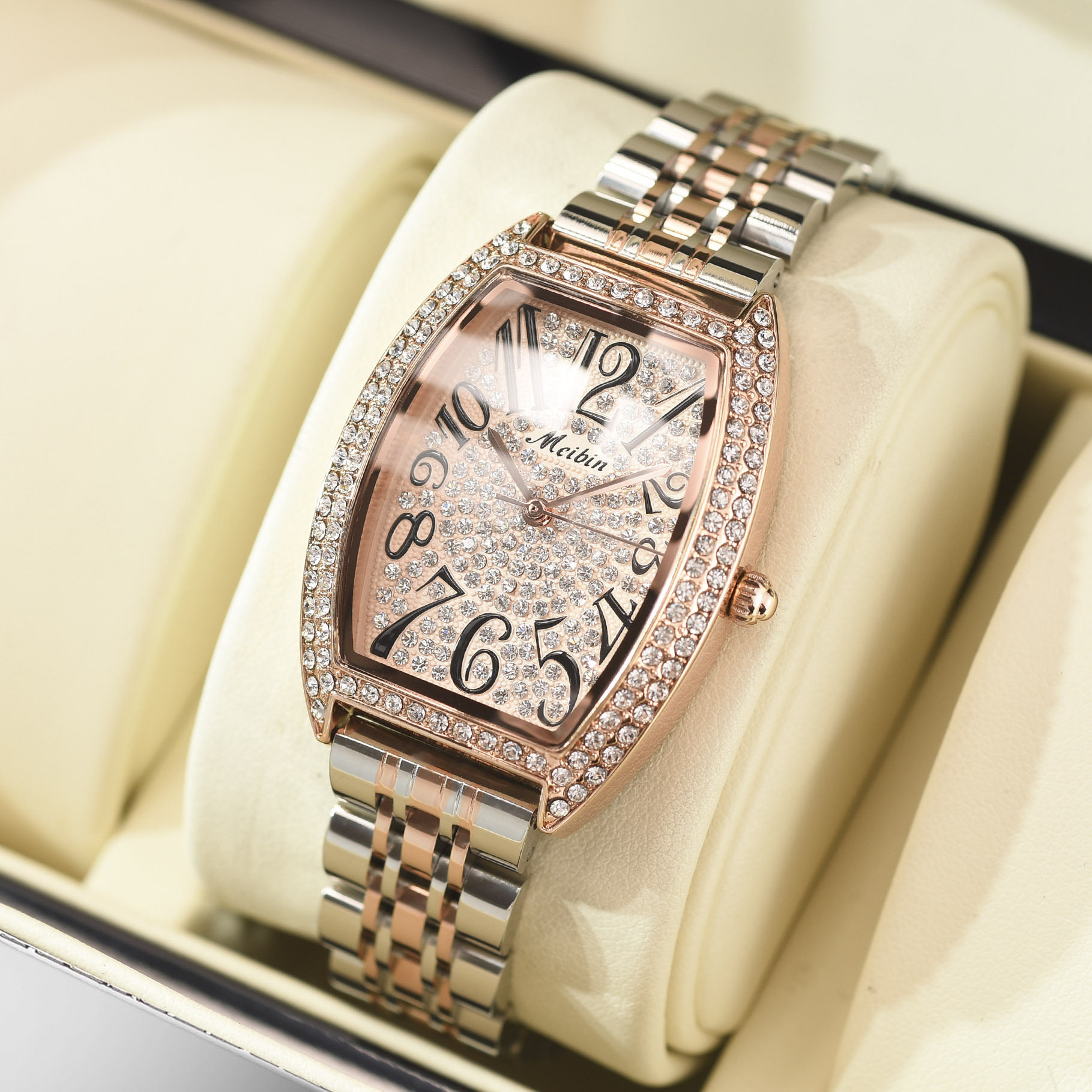 美宾正品手表女士酒桶形大表盘满钻防水女表钢带抖音快手直播同款