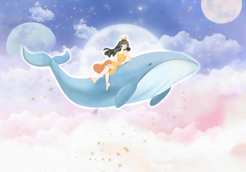 儿童房卡通背景墙壁画环保鲸鱼梦幻月亮云彩云朵海洋动物世界蓝天