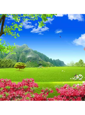 3D空间延伸草原大树绿色护目蓝天白云草地1090风景背景壁画FJ1124