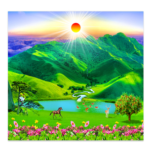 FJ2520好寓意靠山聚宝盆蓝天白云蒙古草原风景无水森林背景墙壁画